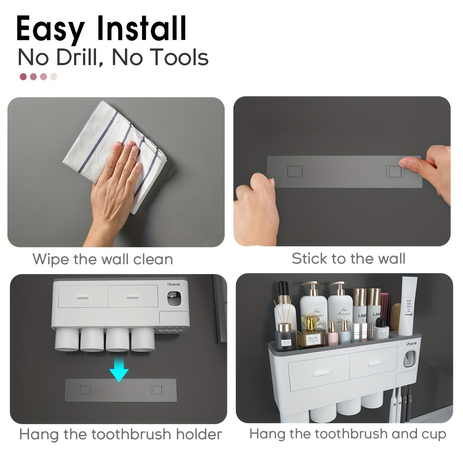 Kids Bathroom Toothbrush Holder with Toothpaste Dispenser Wall Mount White Plastic