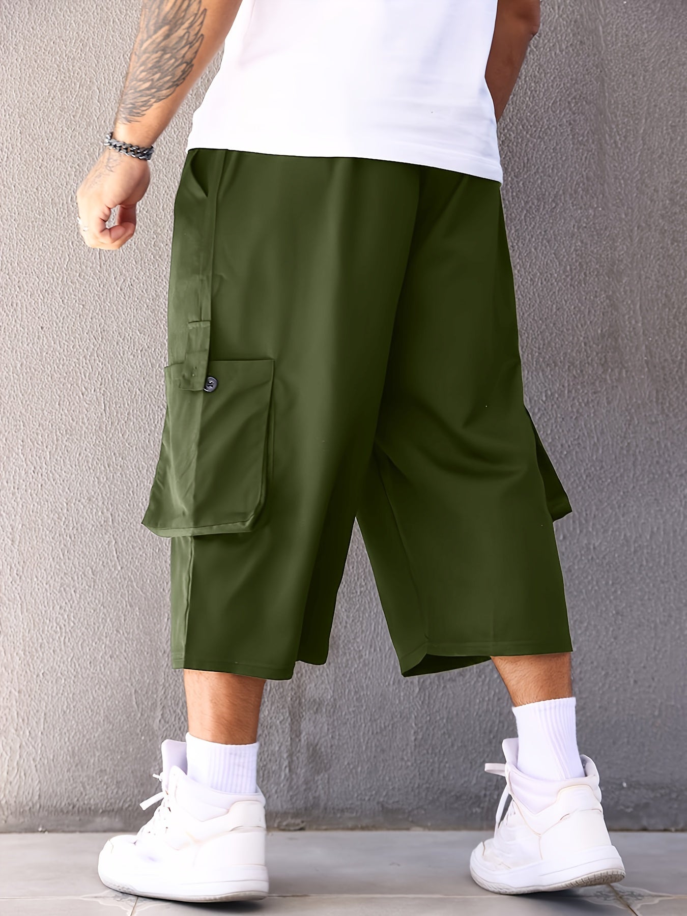 Plus Size Men Cargo Pants Solid Color Casual Loose Fit Drawstring Waist