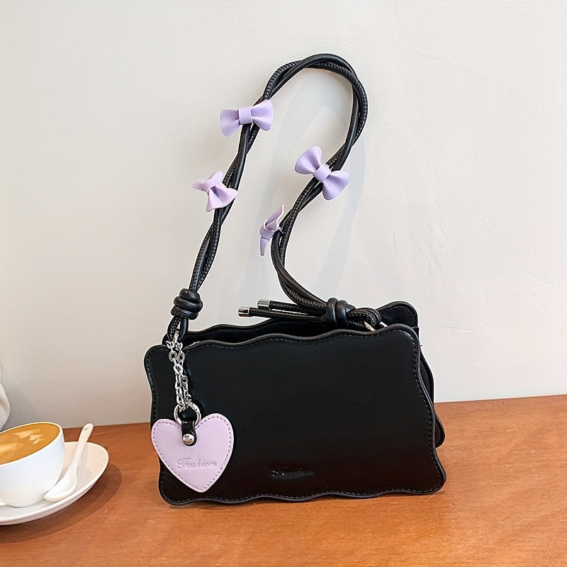 PU Leather Baguette Shoulder Bag with Butterfly Bow Accents Water-Resistant Zipper Closure