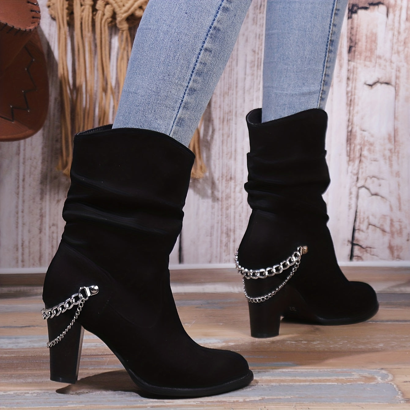 Women's Short Block Heel Boots Slip-On Chain Decor Suedette High Heeled