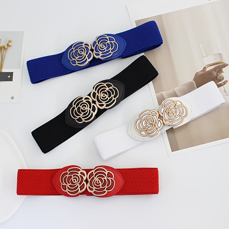 Women's Metal Leaf Buckle Wide Vintage Stretch Waist Belt for Dresses