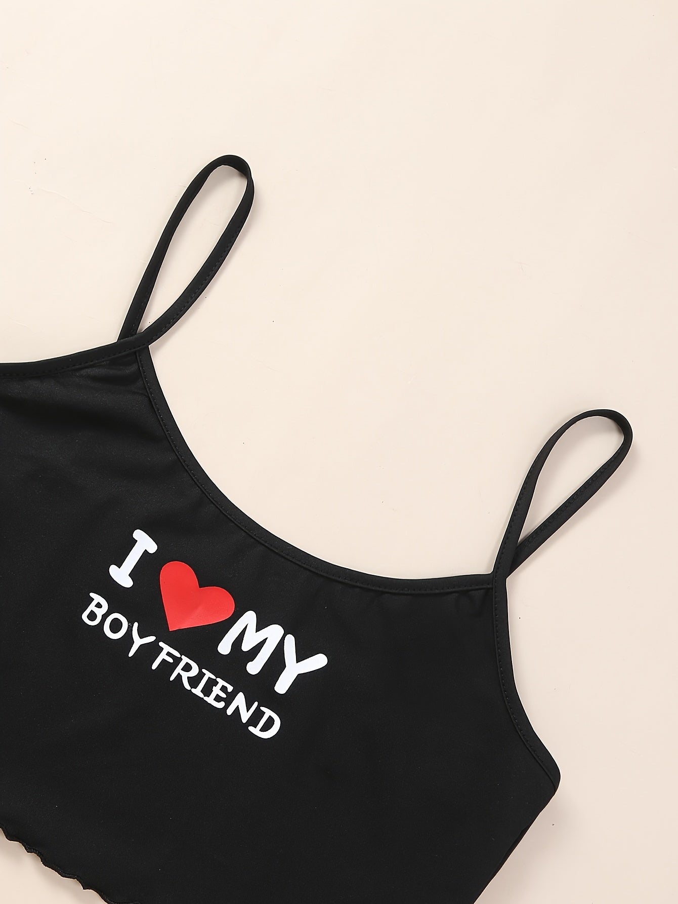 Women's Valentine's Day Pajama Set Heart Slogan Print Lettuce Trim Cami Top Elastic Shorts