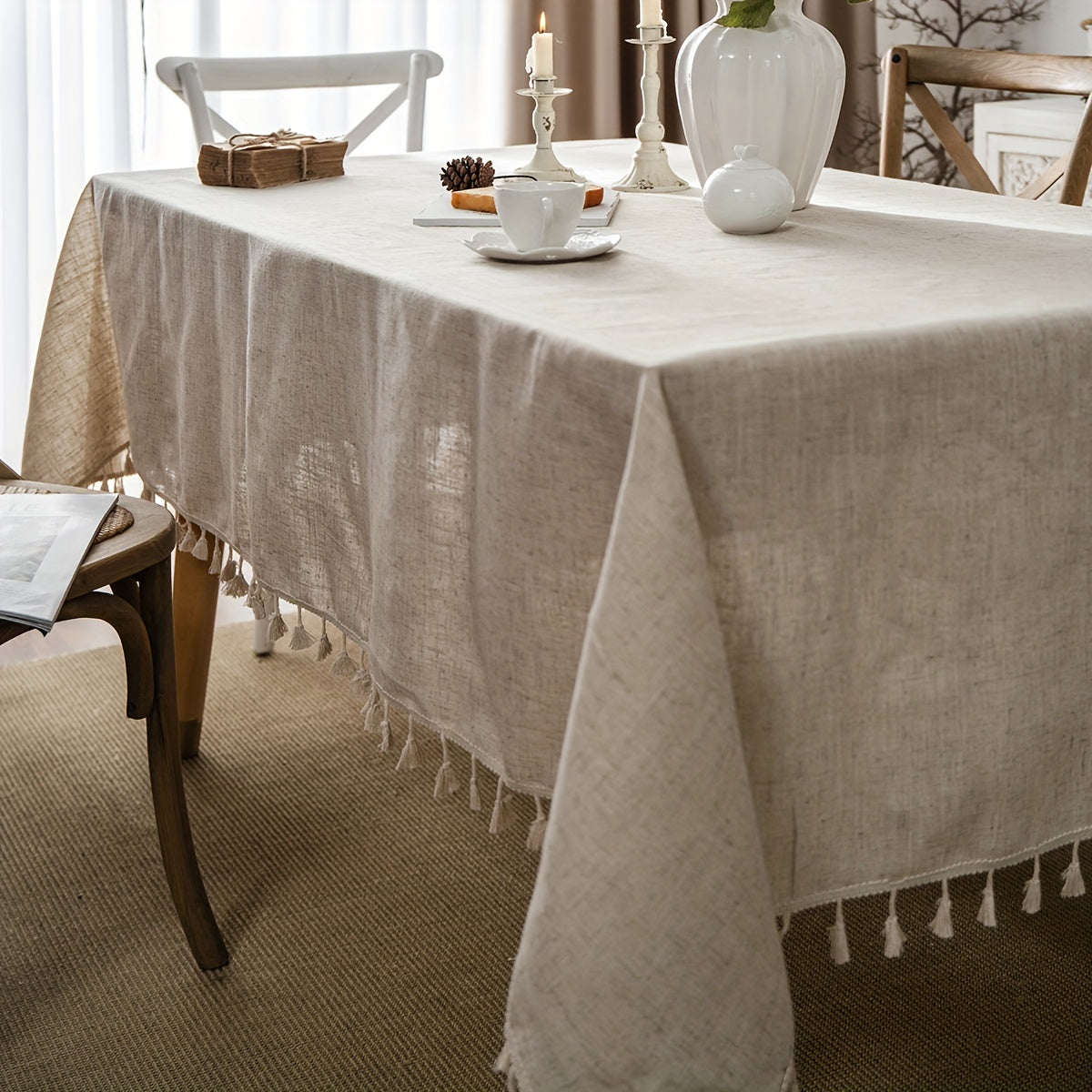 Beige Tassel Tablecloth Rectangular Polyester Blend Fringe for Dining and Coffee Tables