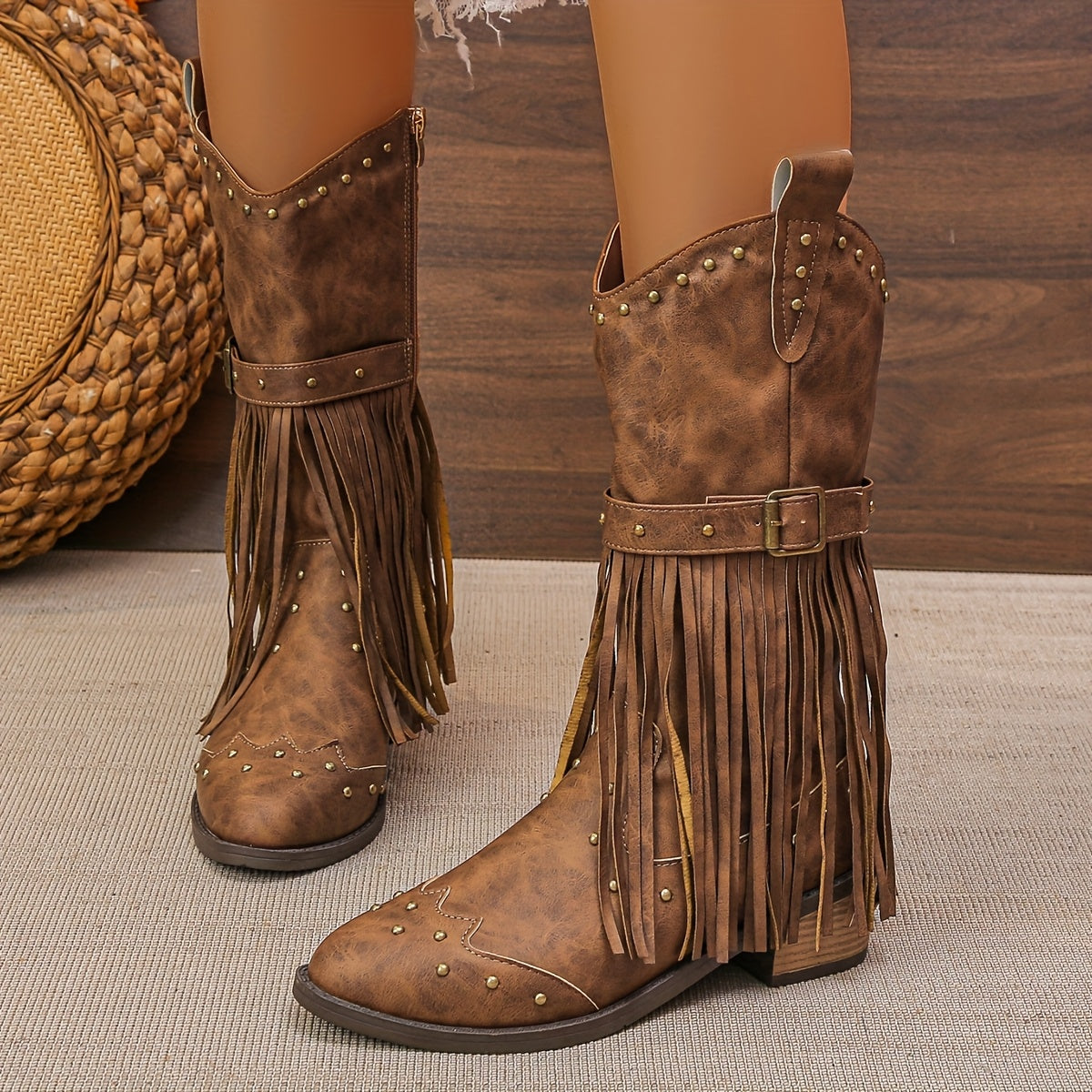 Women's Faux Leather Tassel Decor Chunky Heel Cowboy Boots with Side Zipper