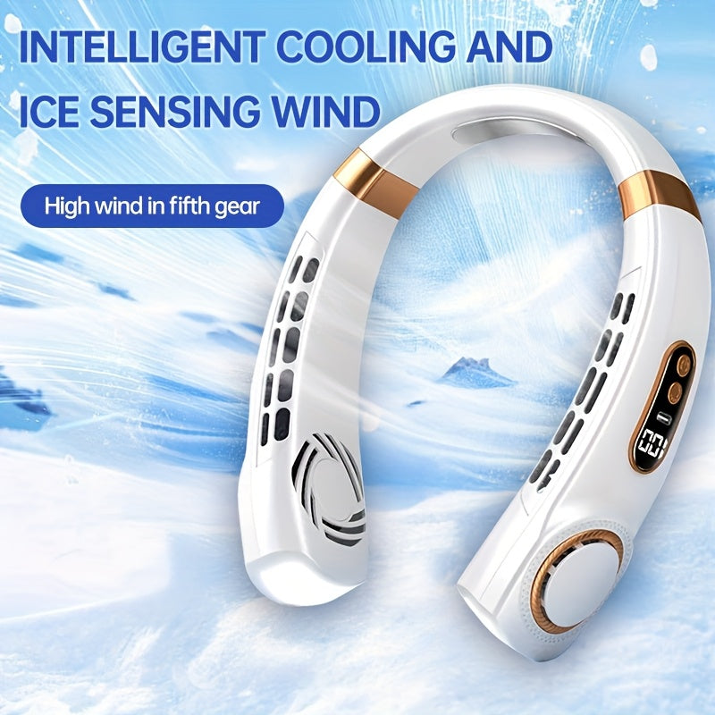 Bladeless neck fan USB rechargeable 5 speed digital display LED emergency lighting outdoor sports beach
