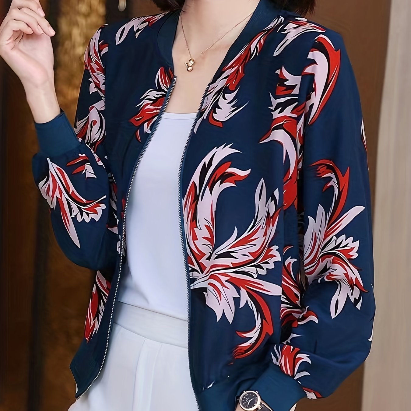 Women’s Star Print Lightweight Zip-Up Jacket with Baseball Collar for Spring and Summer