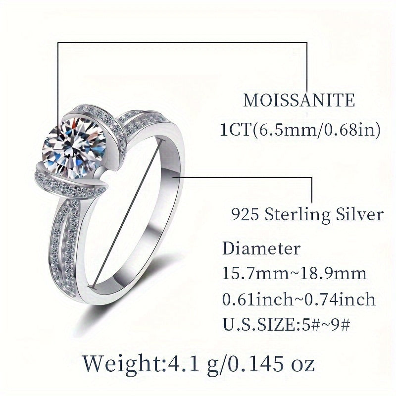 Kumushda Moissanite soʻlish uzuk, sertifikat va sovgʻa qutisi bilan