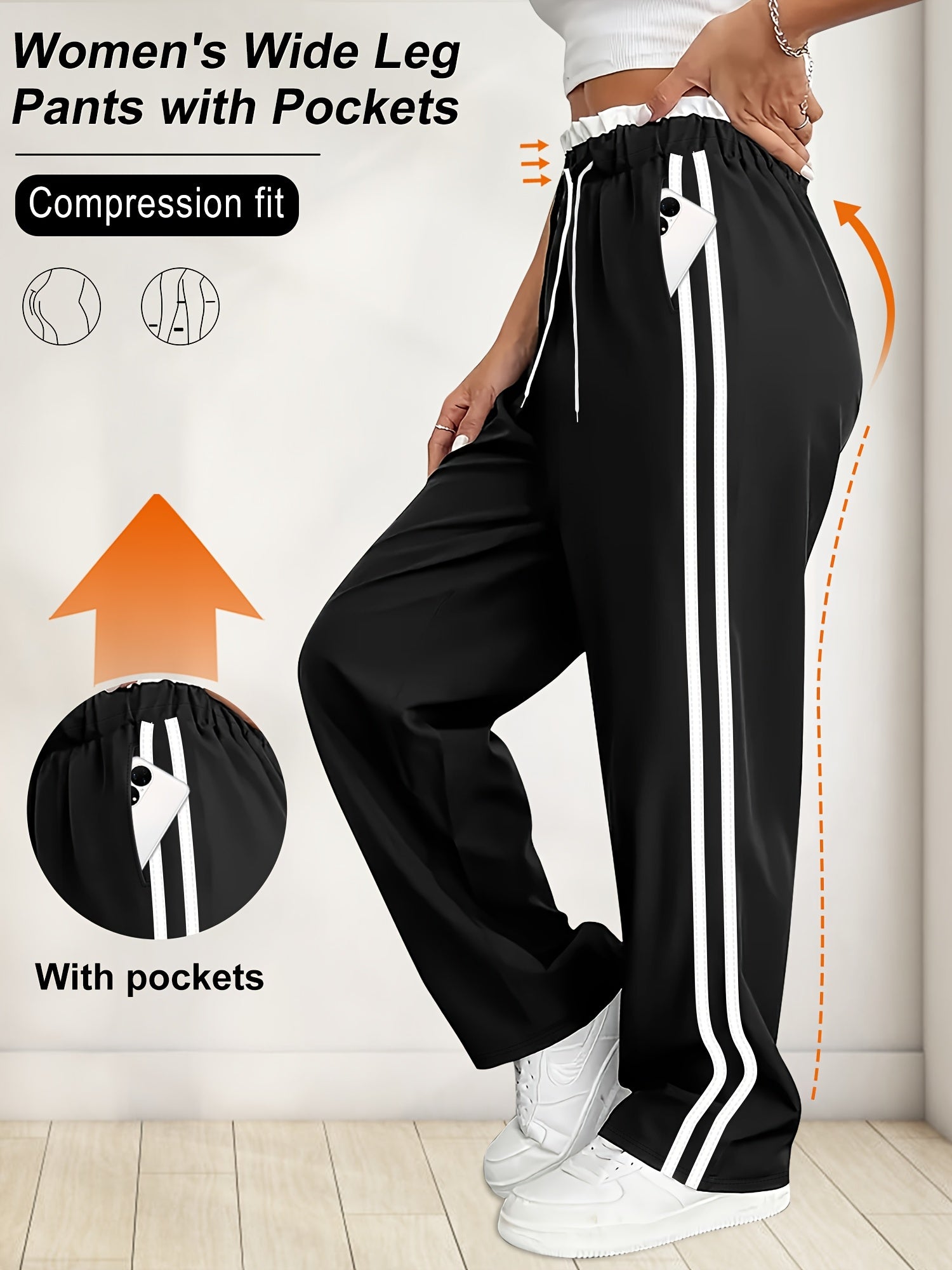 Women's Plus Size High-Waisted Side Stripe Joggers Light Beige Yoga Workout Drawstring