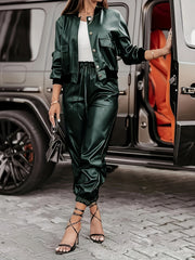 Conjunto de chaqueta de cuero para mujer con bolsillos, casual, primavera y otoño, cuero PU, color sólido