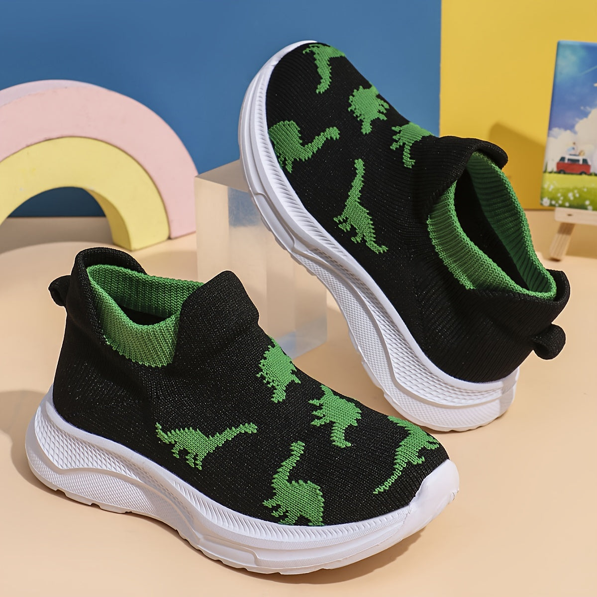 Kids' Dinosaur Cartoon Slip-On Sneakers for Toddlers Breathable Lightweight All-Season