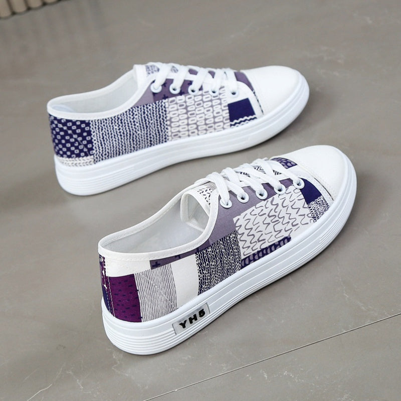 Women’s Breathable Canvas Sneakers Low-Top Casual Shoes White Navy Blue