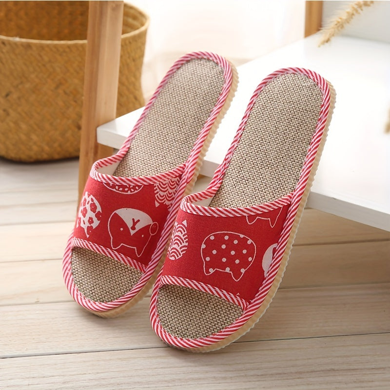 Unisex Linen Indoor Slippers Breathable EVA Sole Casual Animal Print