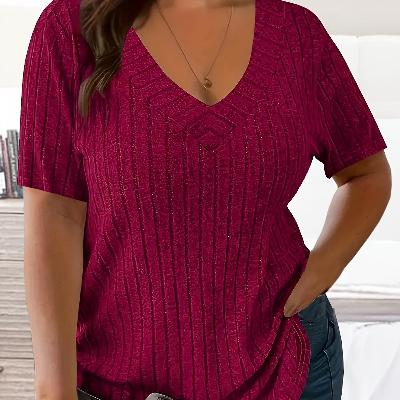 Women's Plus Size V-Neck T-Shirt Rib Knit Polyester Solid Short Sleeve