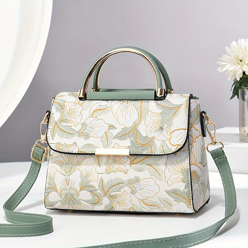 Large Capacity Floral Embroidered Crossbody Bag with Zipper Closure and Polyester Lining