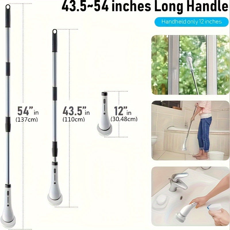 Беспроводная электрическая вращающаяся щетка с 8 сменными насадками, регулируемой выдвижной ручкой и 2 режимами скорости. Перезаряжаемая душевая щетка для 360-градусной очистки ванной, ванны, плитки и полов. Включает USB-C кабель для зарядки.