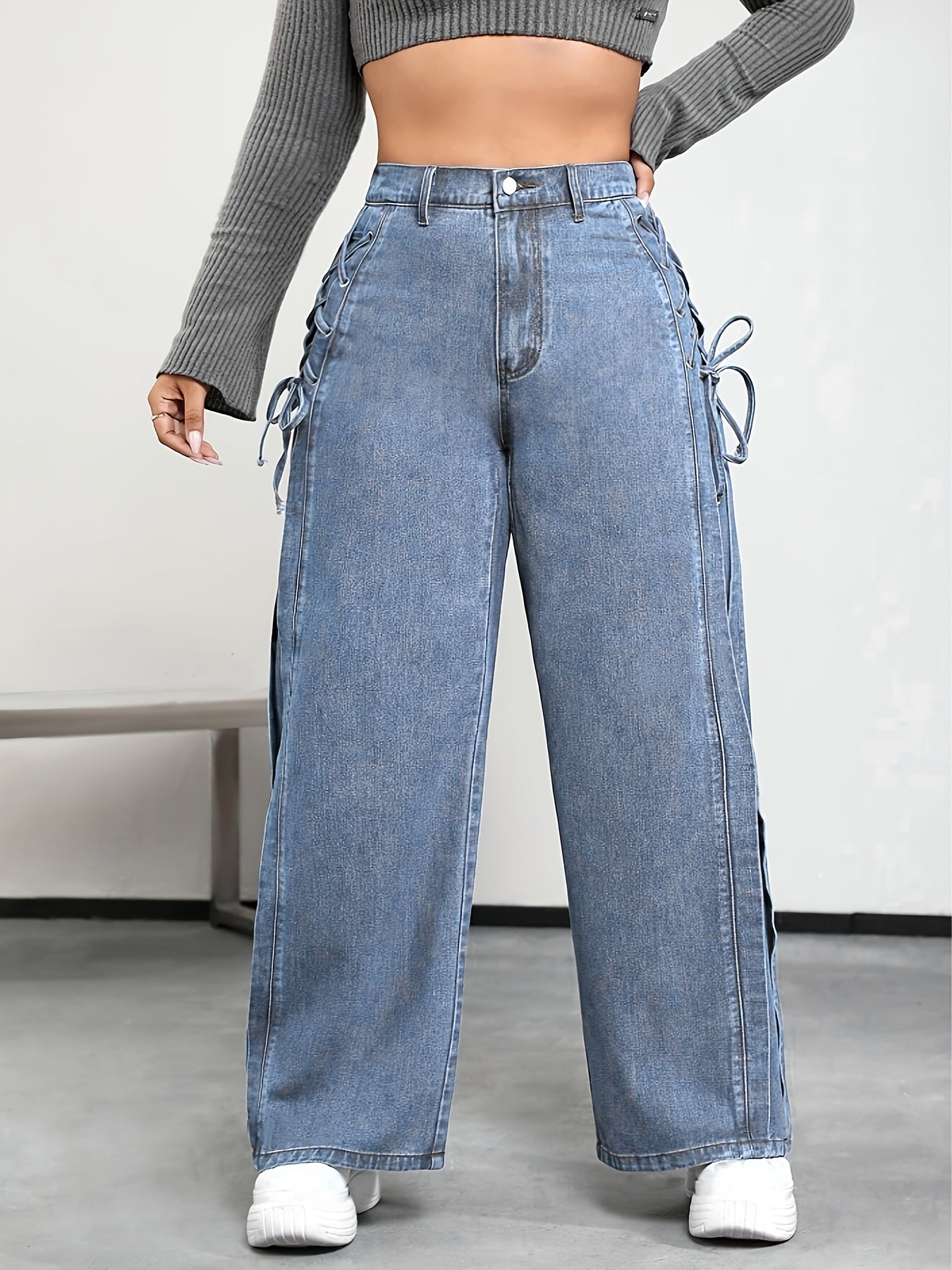 Plus Size Women's Wide Leg Casual Jeans With Side Tie Elastic Waist