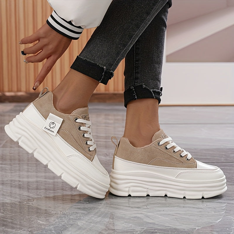 Women's Casual Platform Sneakers White Brown Comfort Low Tops Rubber Sole