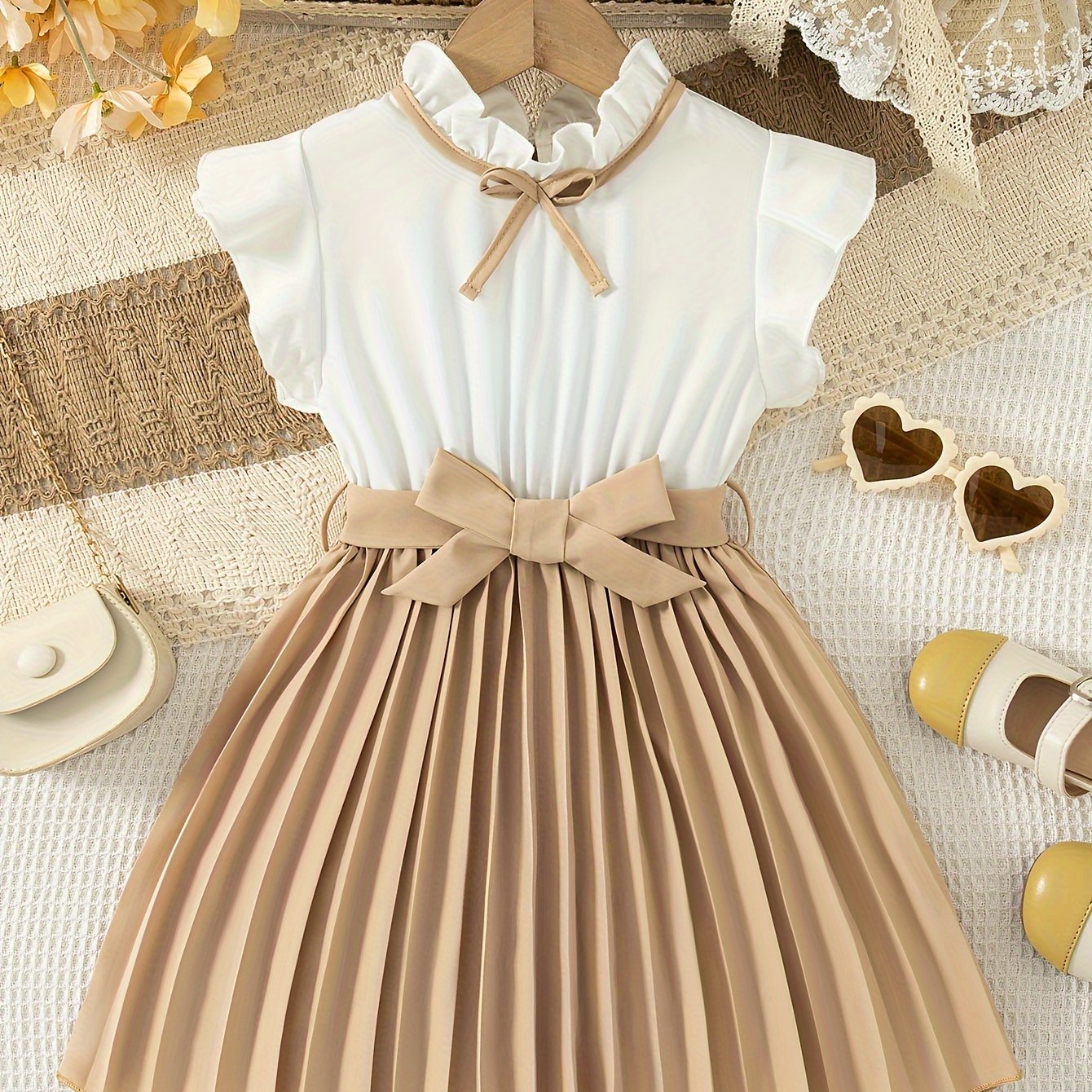 Girls Summer Dress with Polyester Knee-Length Pleated Skirt Stand Collar Sleeveless Ruffle Bow Casual