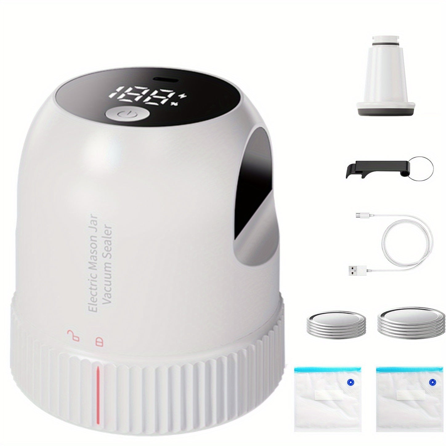 USB bilan qayta to'ldiriladigan batareyaga ega va integratsiyalashgan plastmassa yopish funksiyasi bilan Mason jar vakuum yopishtiruvchi, ishlash kuchlanishi ≤36V.