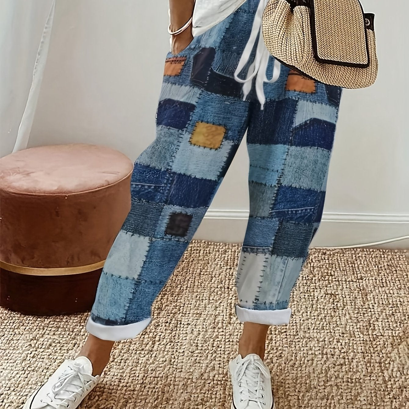 Plus Size Women’s Plaid Harem Pants Casual Woven Fabric Checkered Print