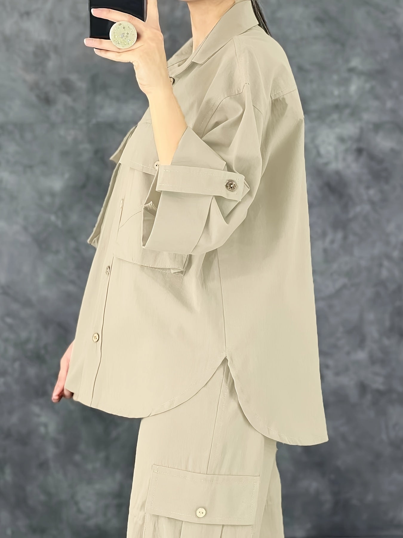 Pantalón conjunto casual de poliéster con grandes bolsillos y cuello de solapa para ropa de trabajo de primavera y otoño