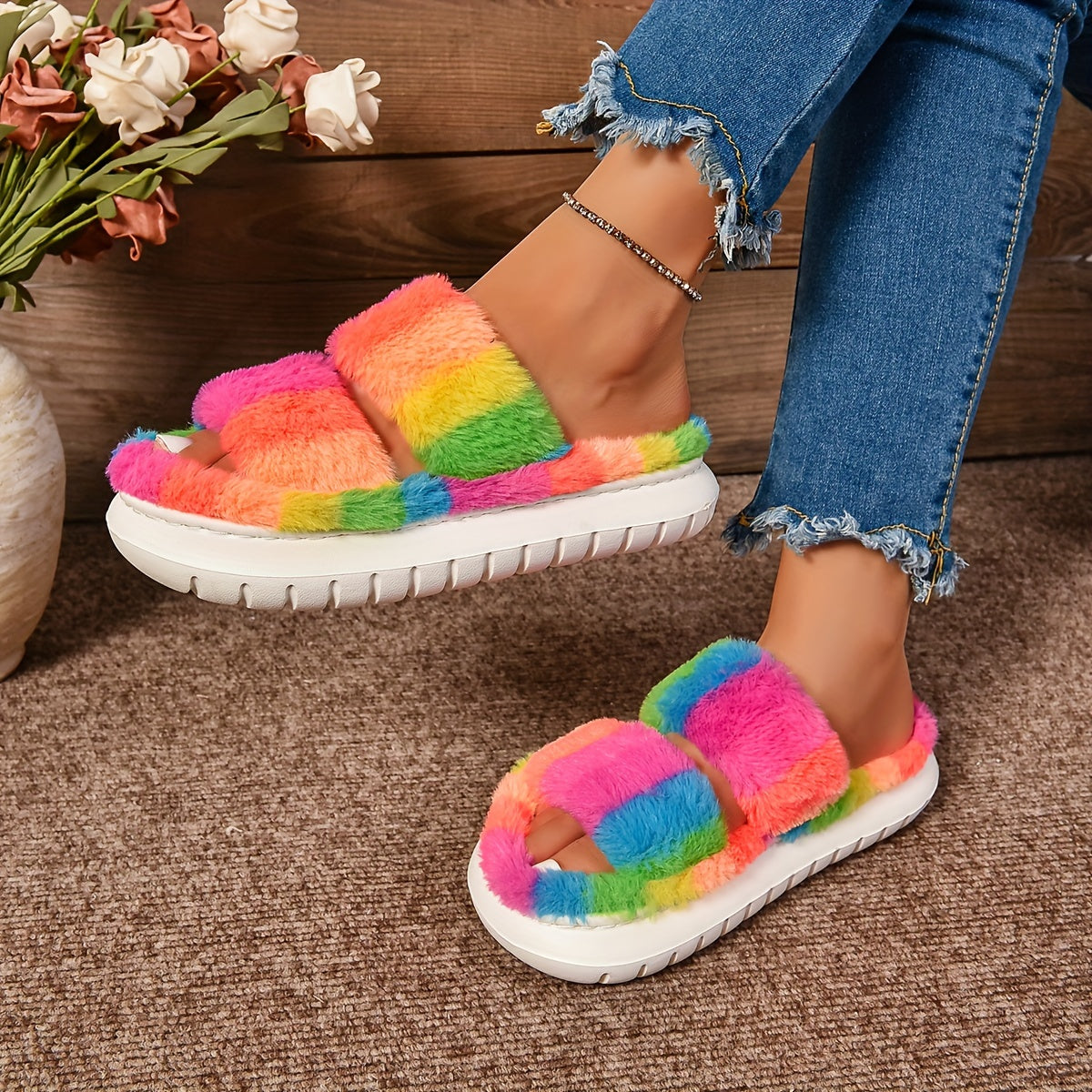 Women's Faux Fur Slides Thick Sole Non-Slip Indoor Slippers