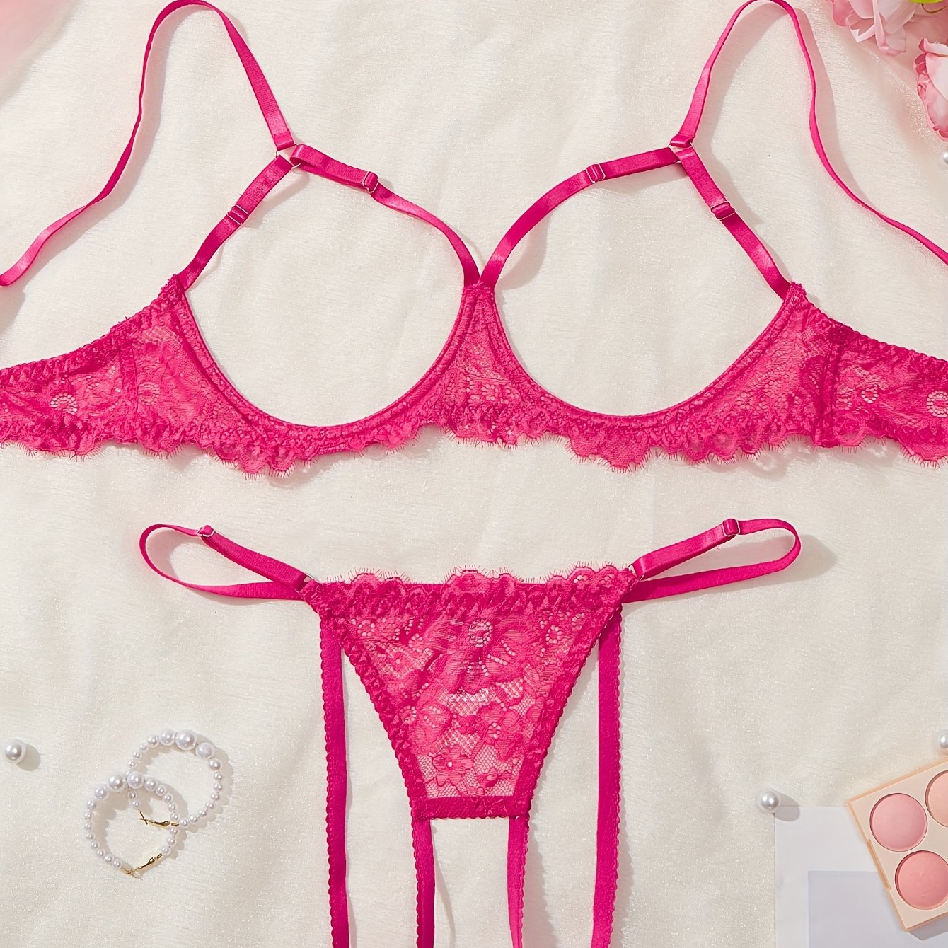 Women's Plus Size Lace Lingerie Set Open Bust Thong See-Through