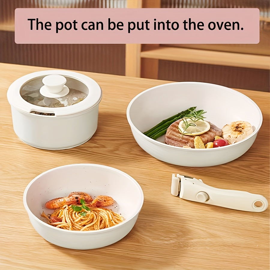 Stackable Cast Iron Cookware Set with Detachable Handles Non-Stick Coating