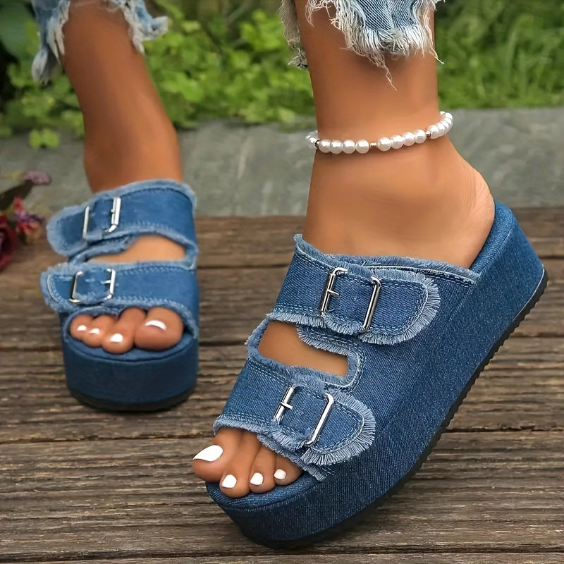 Women's Casual Wedge Sandals with Double Buckle and Open Toes