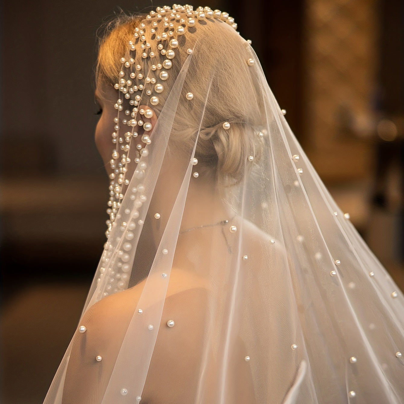 Princess Cathedral Wedding Veil with Faux Pearl Bridal Head Jewelry