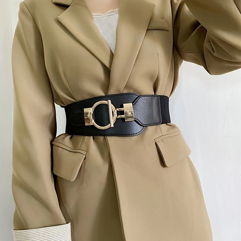 Elastic Female Wide Corset Belt with Golden Buckle for Dresses and Coats