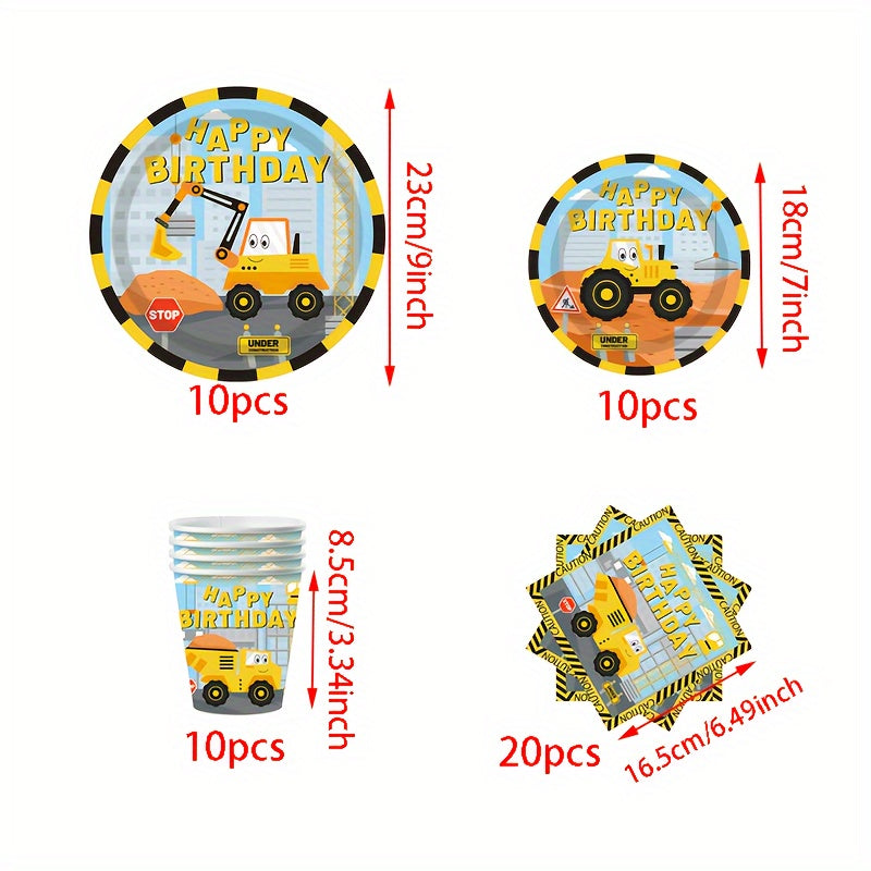 Набор для празднования дня рождения строительной самосвальной машины включает одноразовые тарелки, стаканы, салфетки для детского праздника