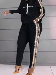 Women's Plaid Print Spandex Knit Jumpsuit with Crew Neck Pockets for Fall Winter