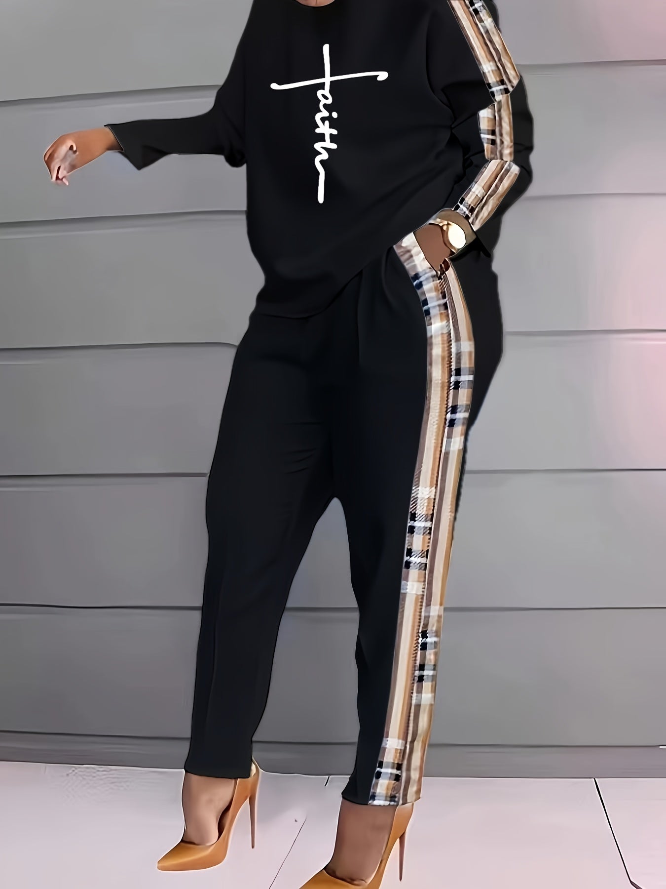 Women's Plaid Print Spandex Knit Jumpsuit with Crew Neck Pockets for Fall Winter