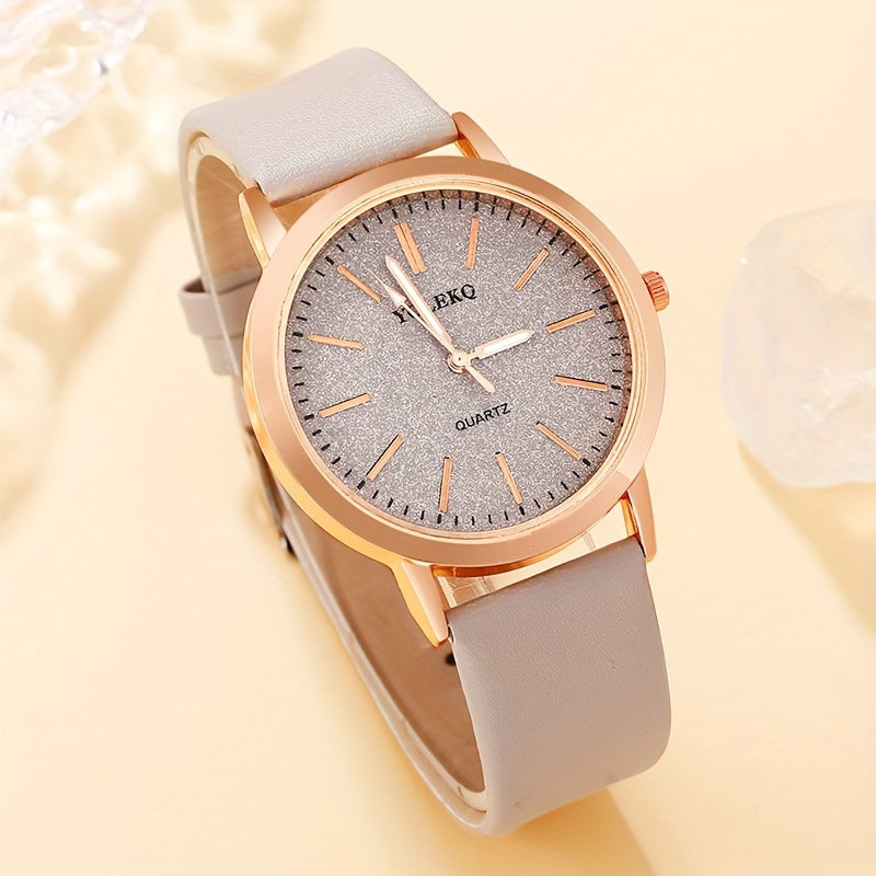 Women's Quartz Watch Set with Heart Jewelry, 6-Piece, Faux Leather Strap