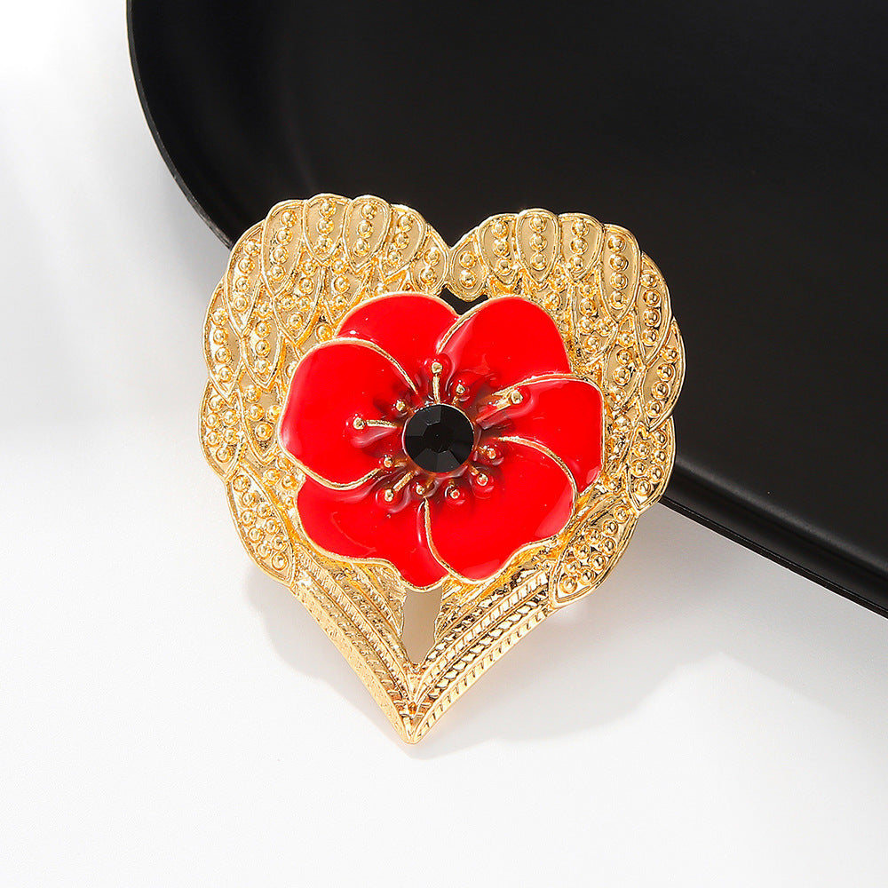 Enamel Heart-Shaped Poppies Brooch with Unique Accents for Women