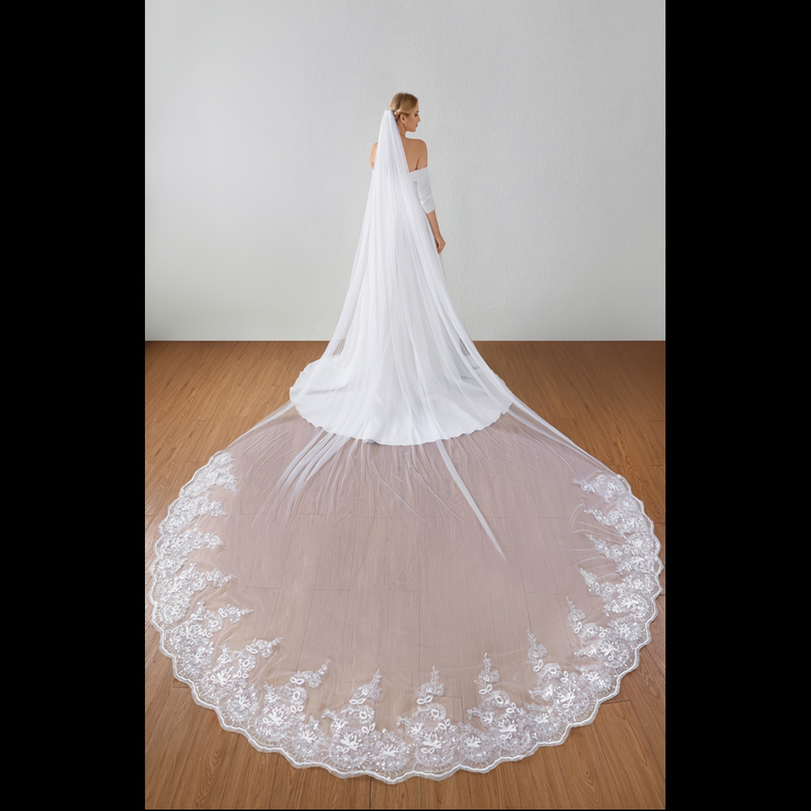 Velo de novia de encaje con lentejuelas y longitud de catedral, accesorio de boda de hilo de nylon