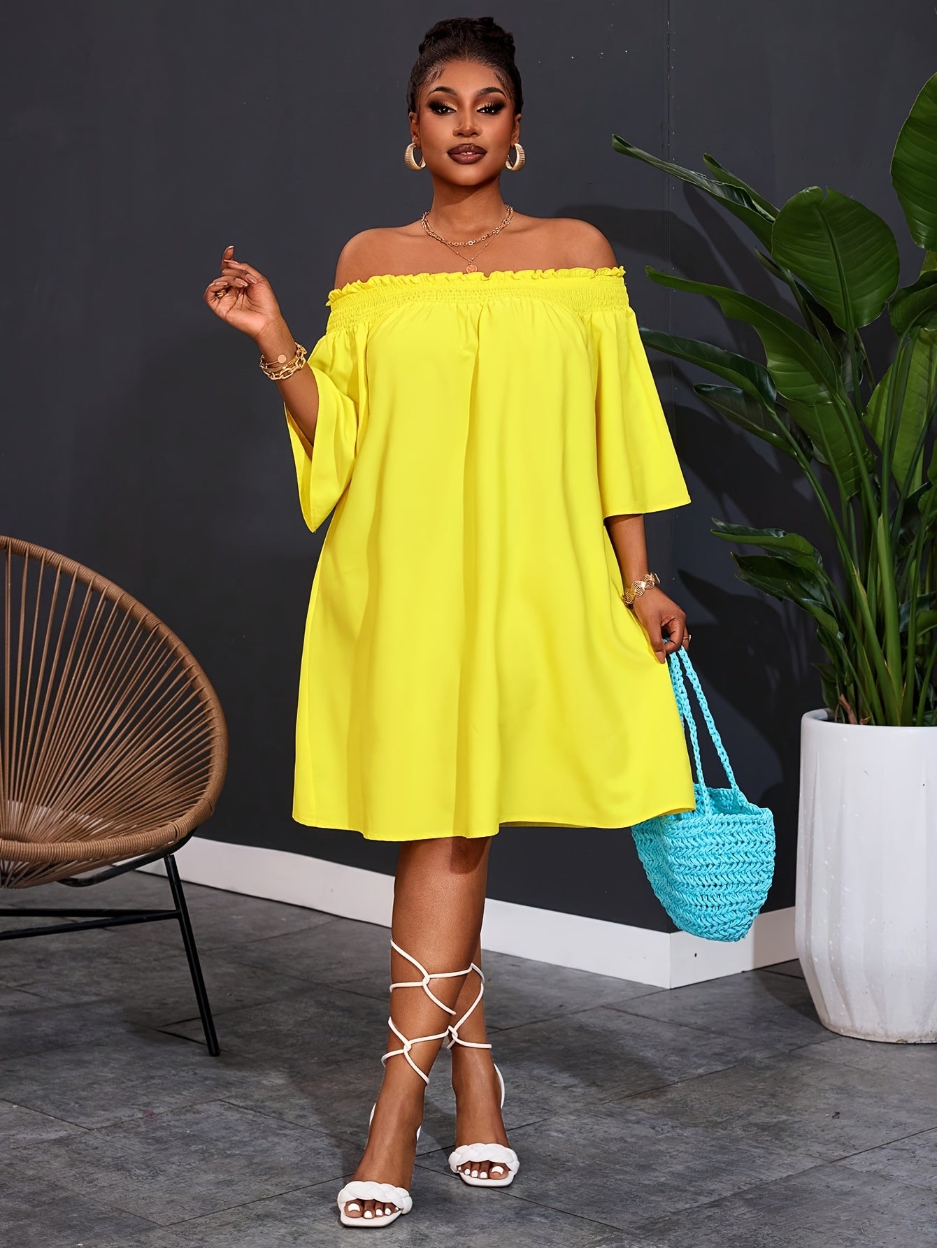Plus Size Womens Off Shoulder Flared Hem Party Dress Yellow Casual Summer