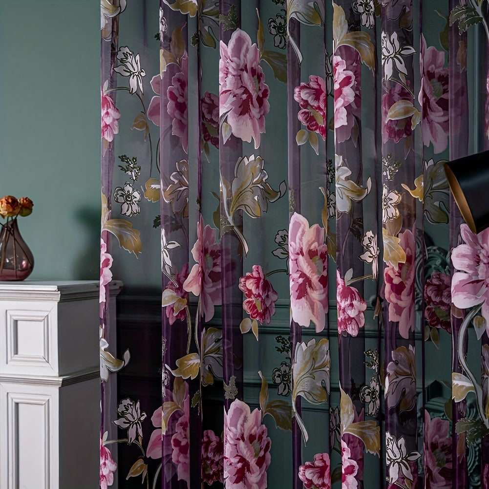 Small Translucent Curtain with Purple Flower Print for Living Room Bedroom Kitchen Bathroom