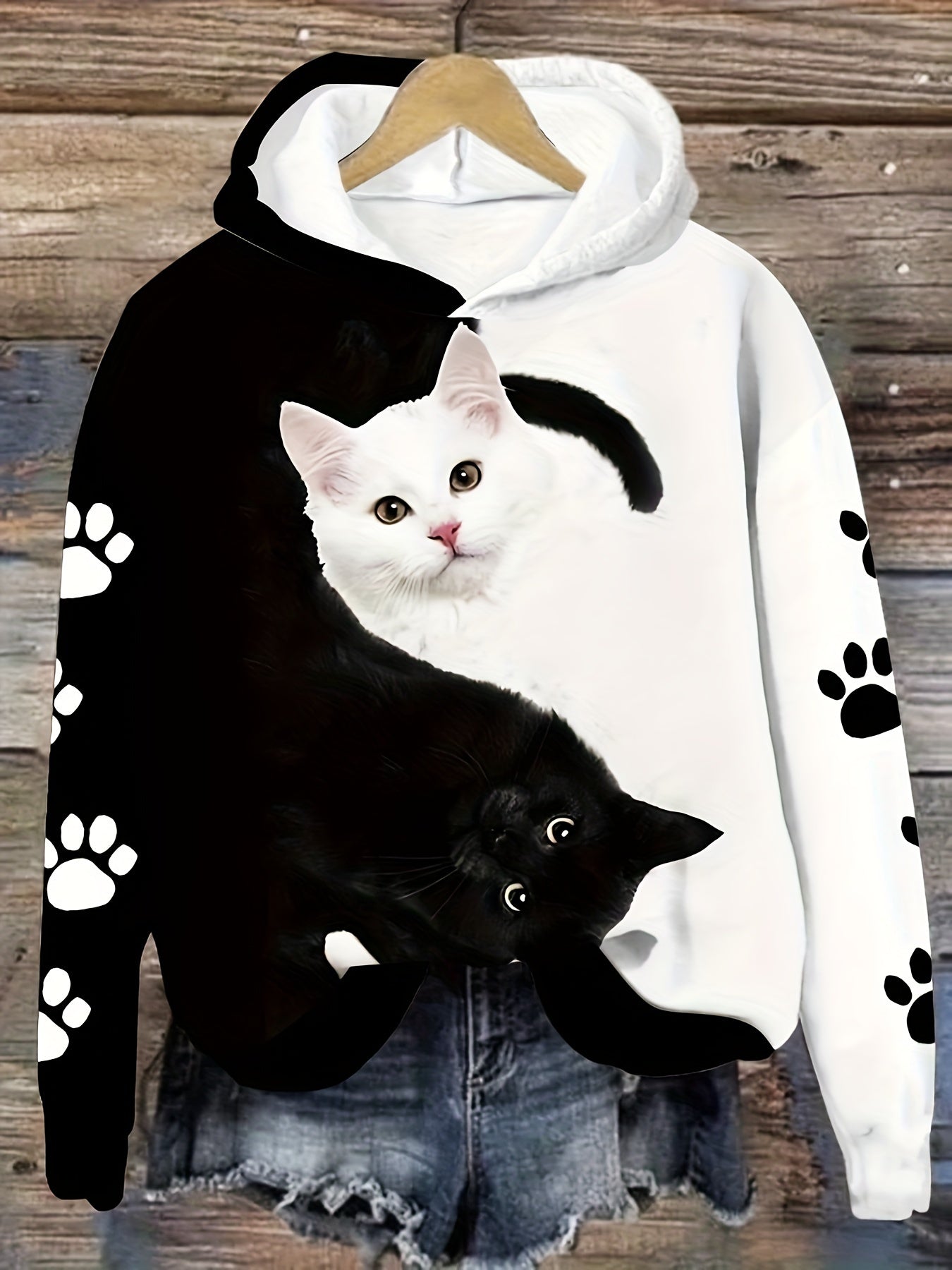 Women's Hoodie with Cat Print, Long Sleeve, Kangaroo Pocket, Polyester Blend