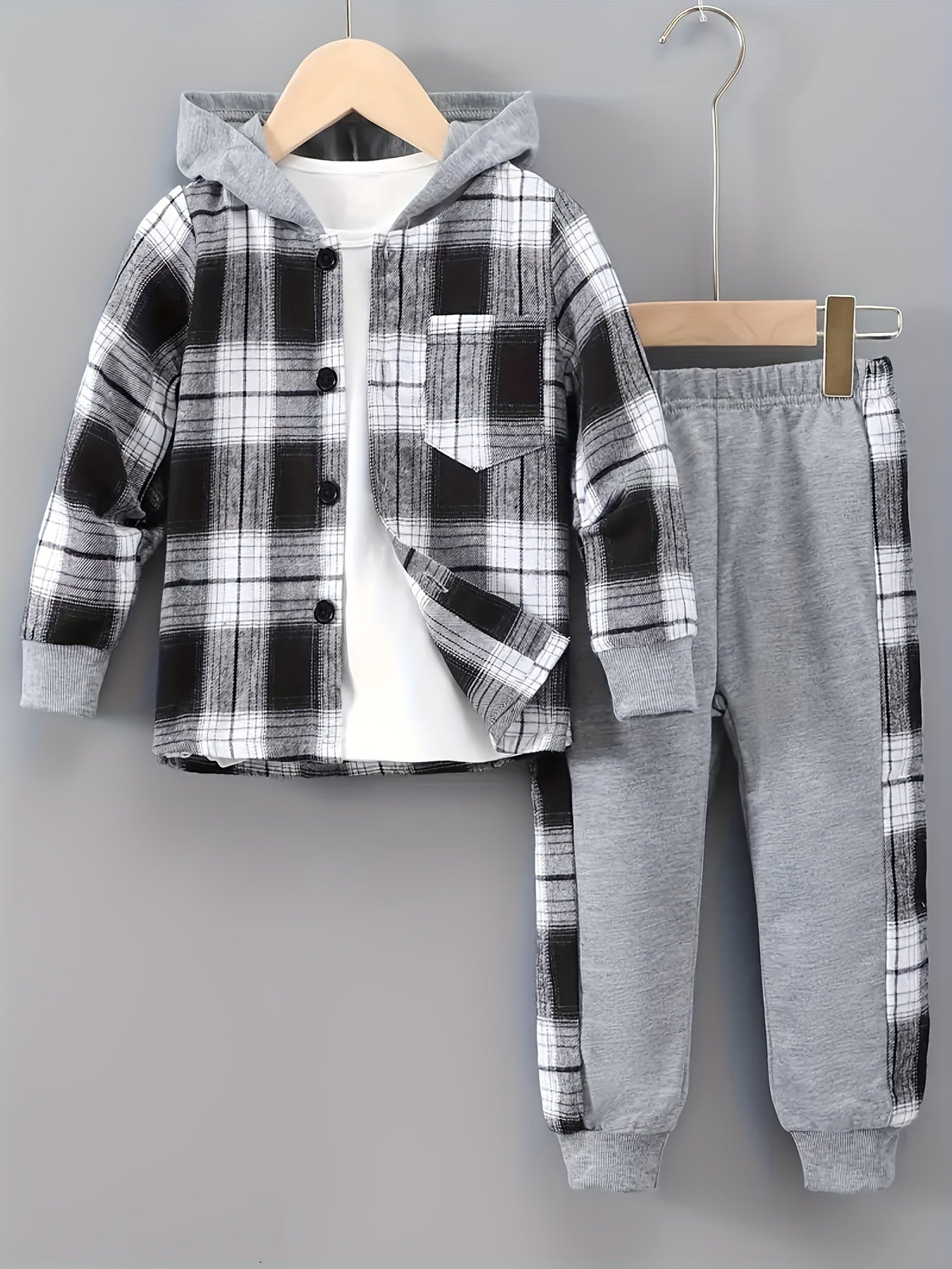 Kids Boys Plaid Hooded Casual Suit with Patchwork Pants for Spring and Fall