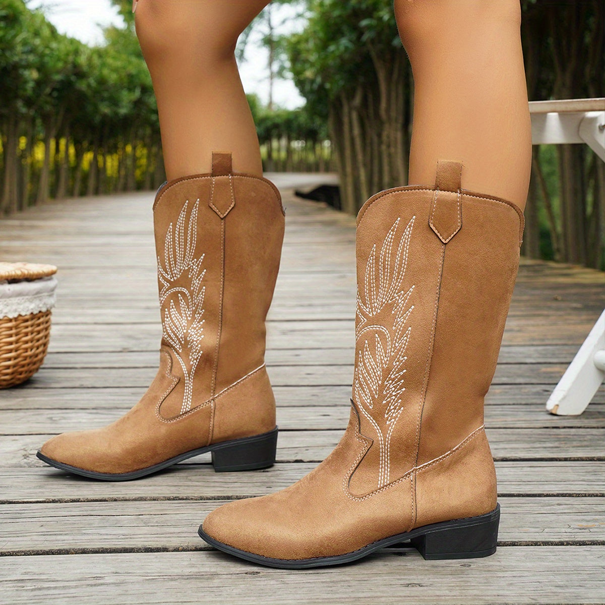 Women's Floral Print Slip-On Cowboy Boots with Round Toe, Mid-Heel