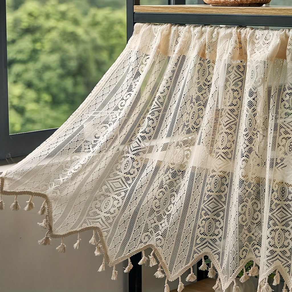 Boho Geometric Lace Tassel Cafe Curtain Tiers Polyester Semi-Sheer Thermal Insulated