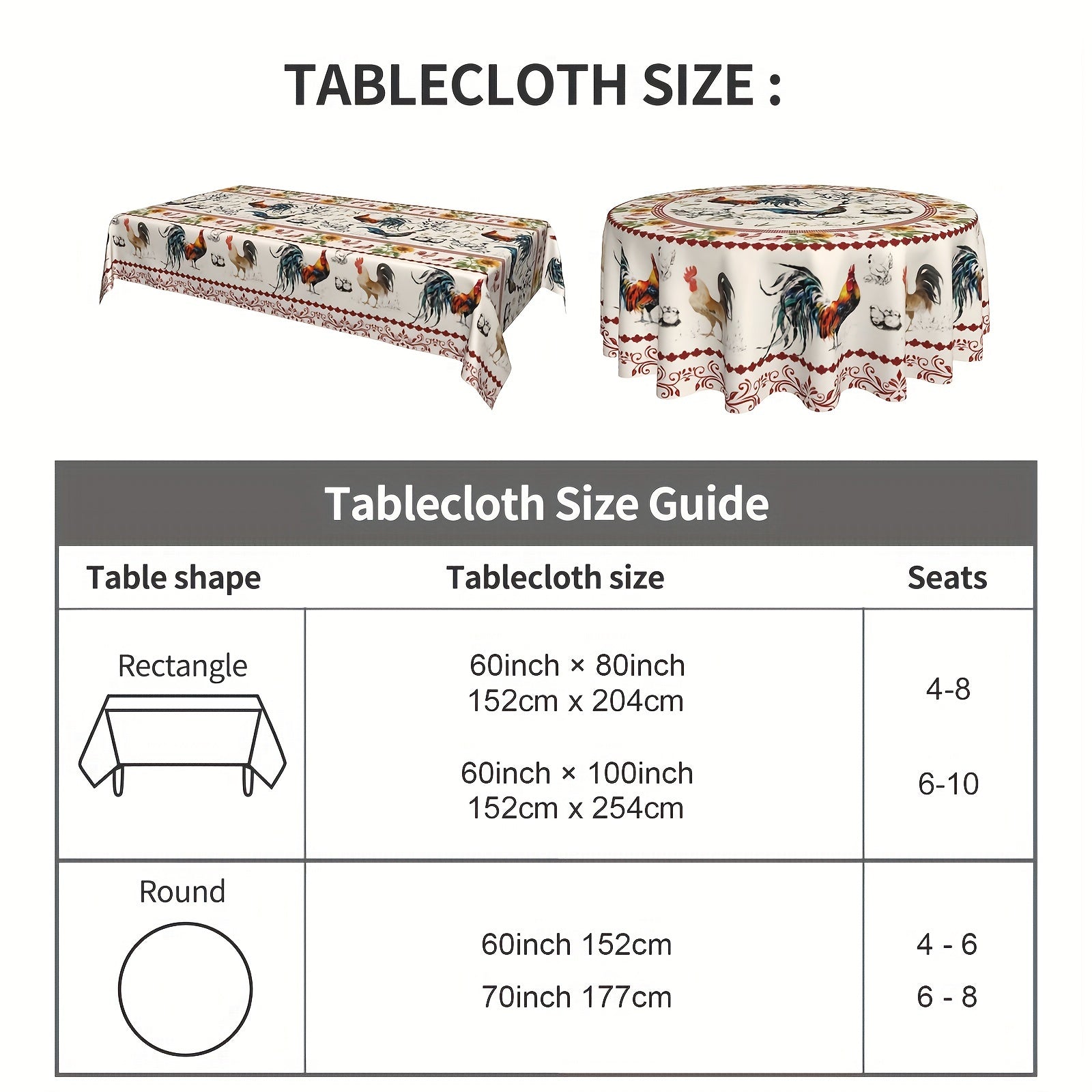 Red Floral Polyester Tablecloth with Rooster and Sunflower Design for Kitchen Dining and Picnic