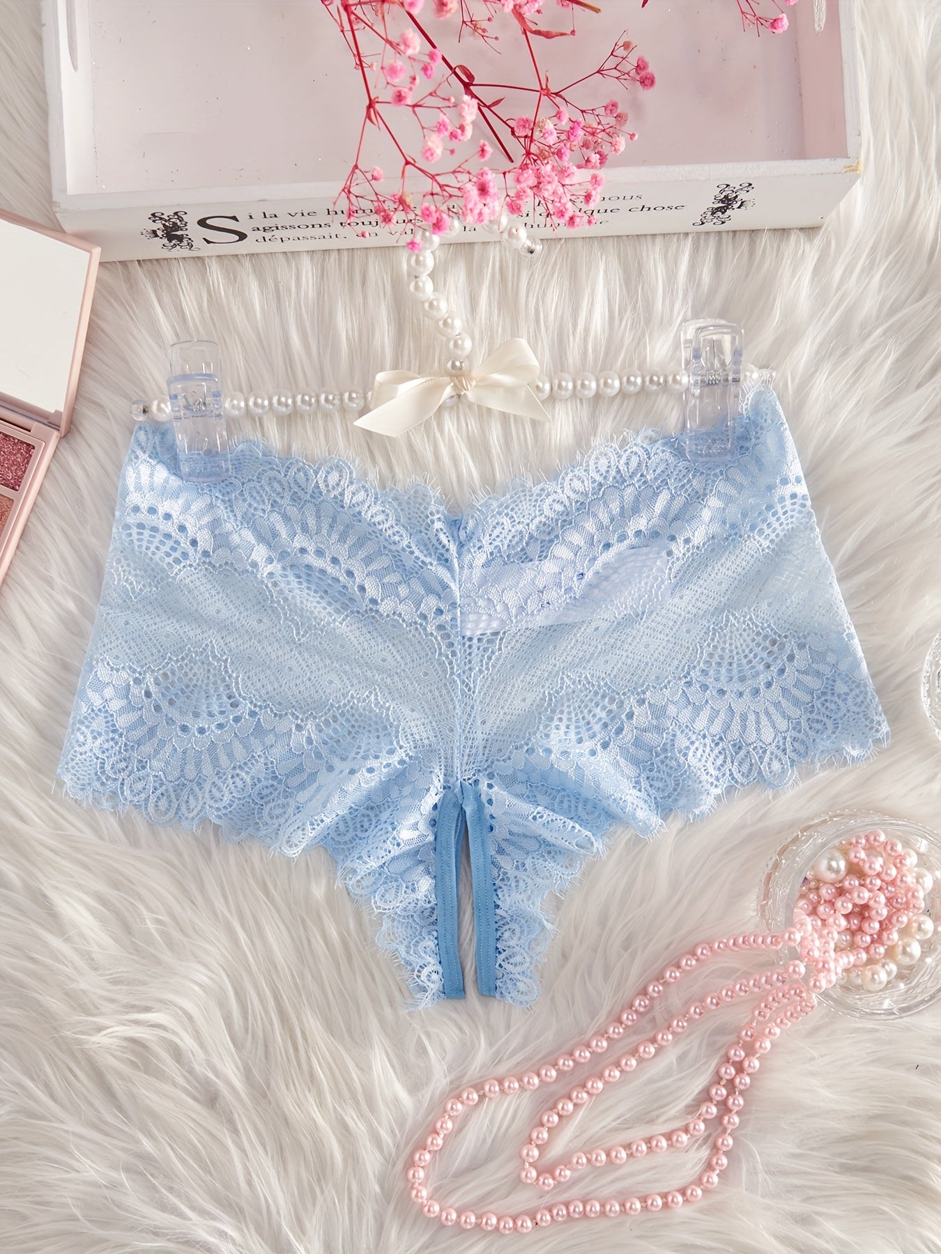 Women's Sheer Nylon Blend Lace Panties Mid-Rise Crotchless Lingerie