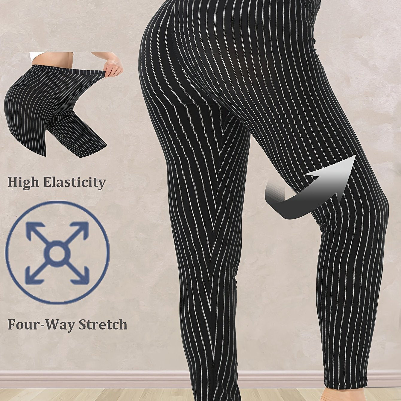 Women's Plus Size Striped Skinny Leggings High Waist Breathable Stretch