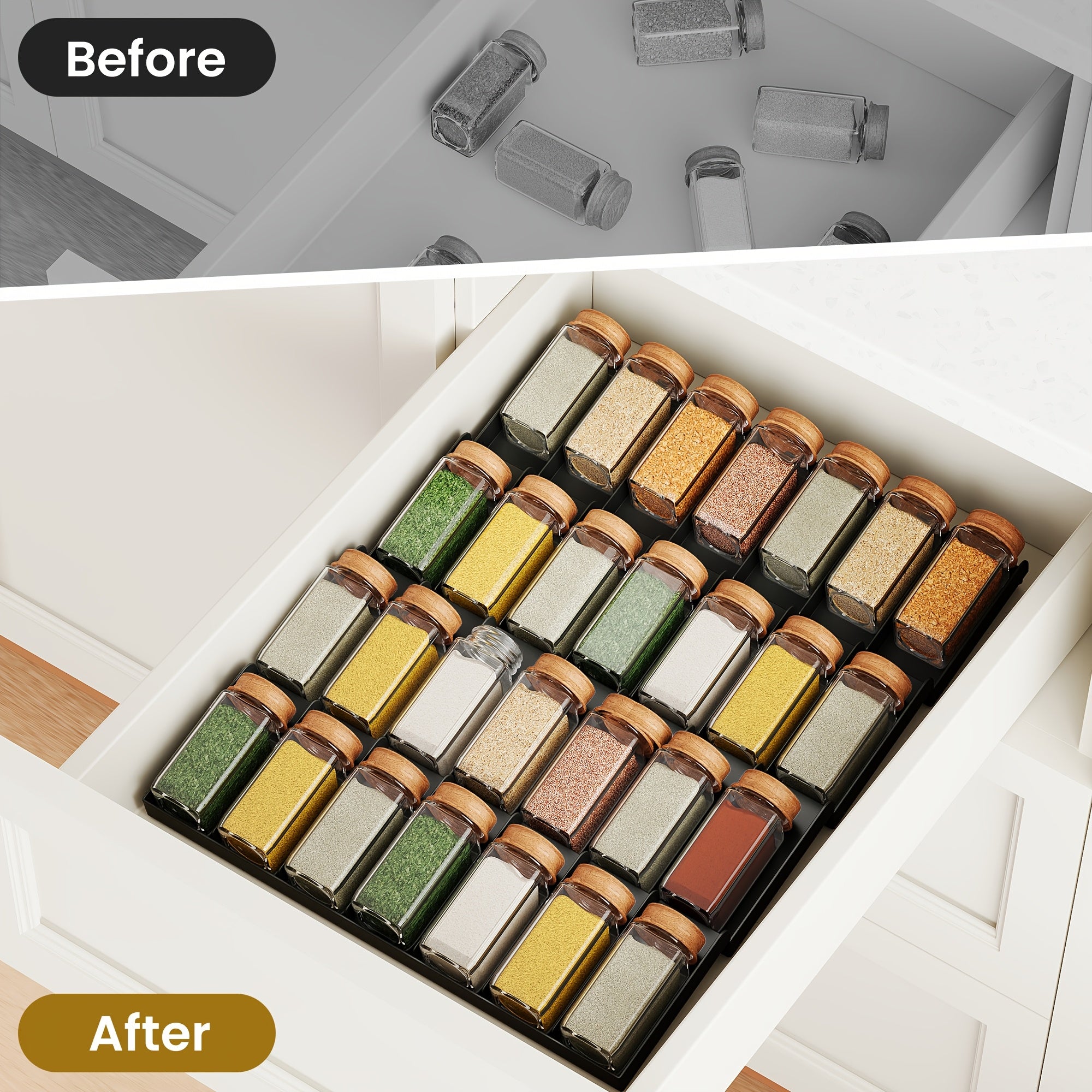 Sozlanadigan plastmassa ziravorlar shkafini tashkil etuvchi saqlash konteynerlari bilan