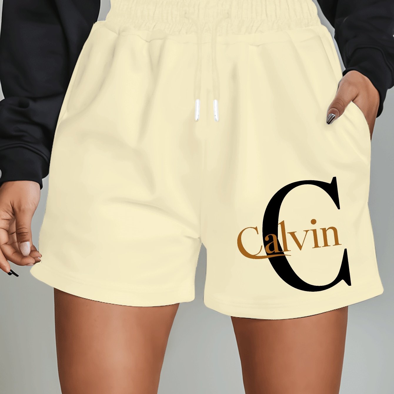 Шорты для женщин больших размеров с графическим принтом, повседневные летние пляжные спортивные шорты Black с золотыми буквами