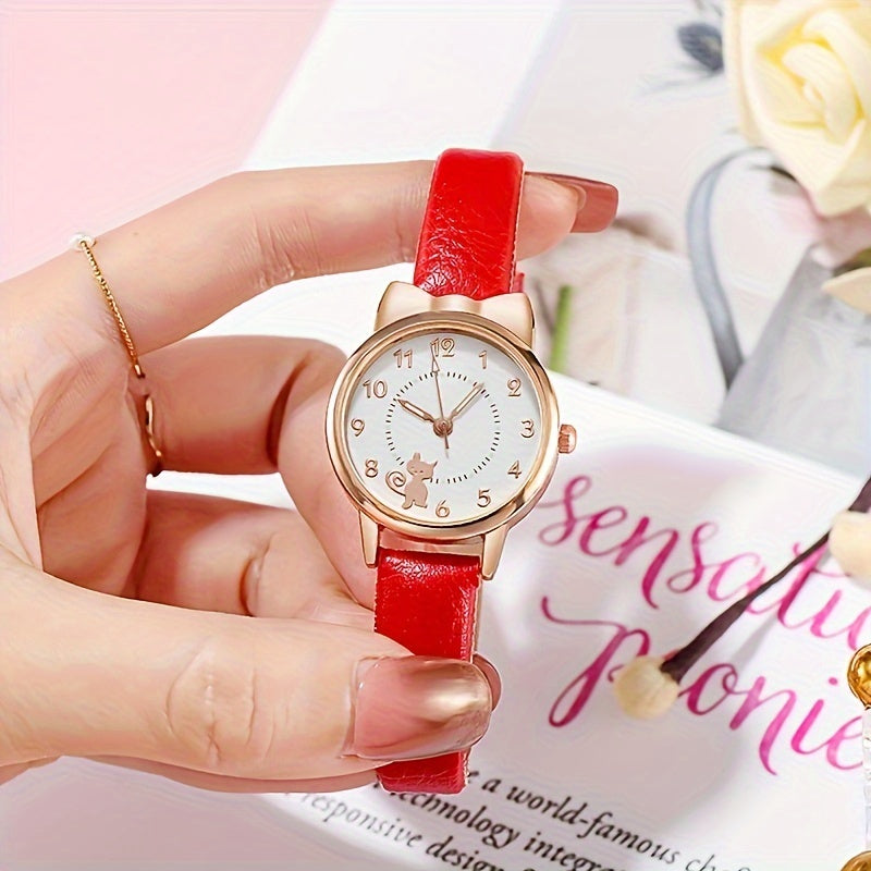 Женские и студенческие кварцевые часы с мультяшным котом, светящимся циферблатом и ремешком из PU-кожи