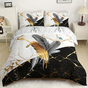 3-Piece Duvet Cover Set Black and White Marble Feather Print Breathable Polyester All-Season
